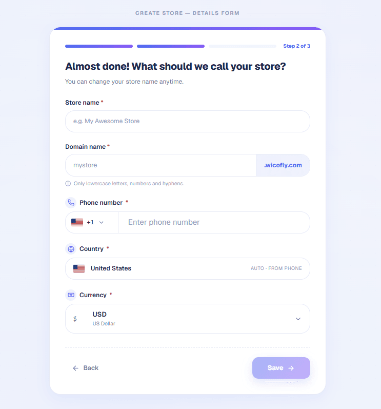 Wicofly Create Store Form